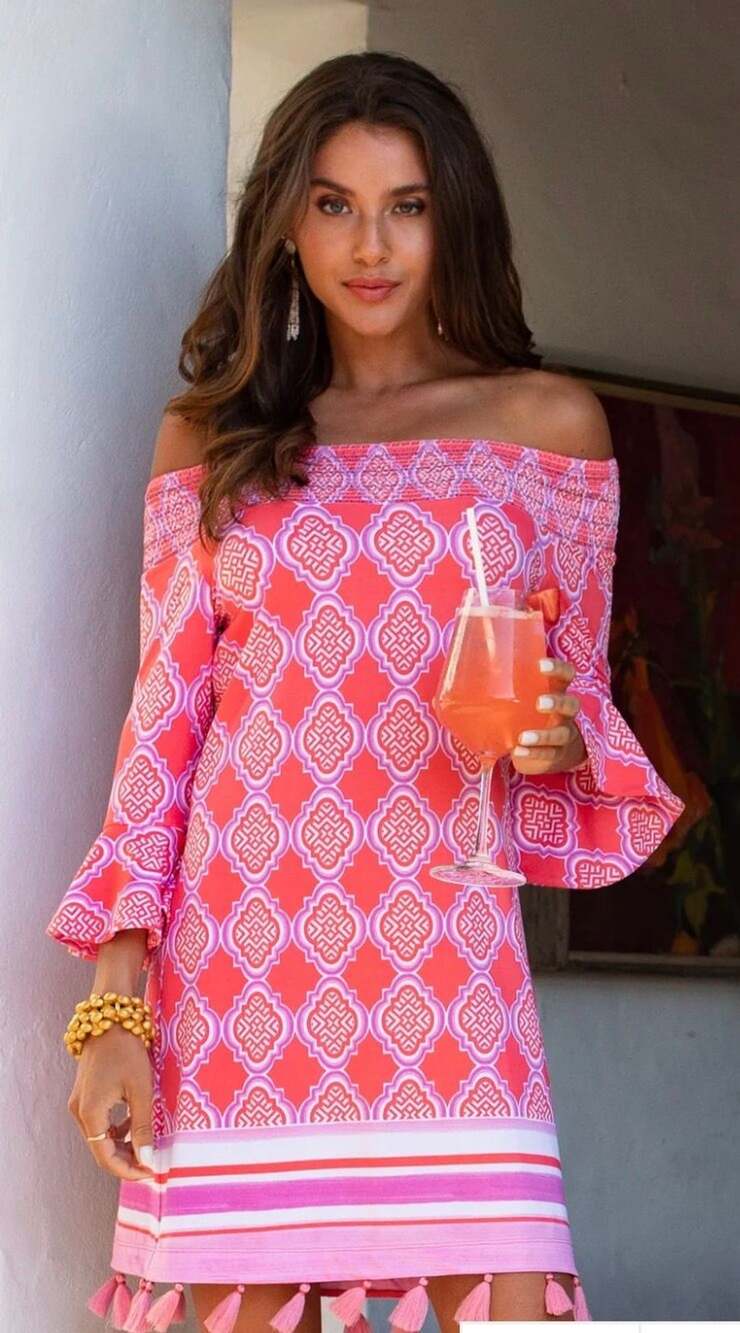 Cabana Life Off Shoulder Bell Sleeve Tassel Dress Pink Coral M